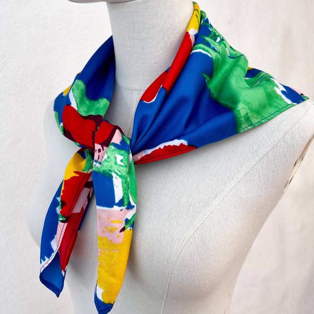 Vintage 80s Colorful Picasso-Inspired Floral Print Square Head or Neck Scarf - Picture 8 of 14